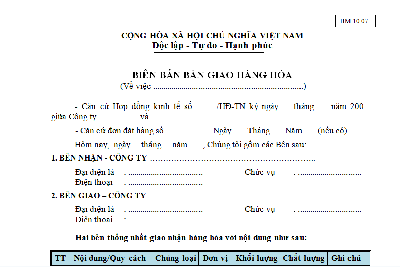 Biên bản bàn giao hàng hóa